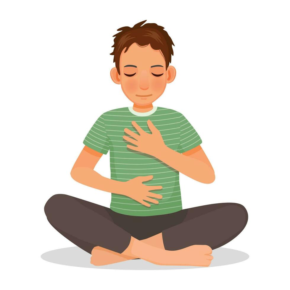 Young man doing deep breathing exercise during yoga practice vector