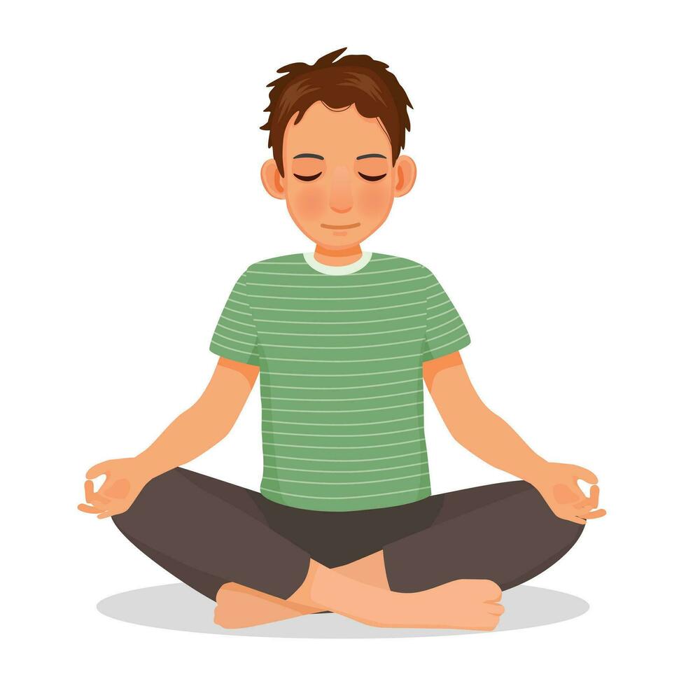 Young man practicing yoga meditation in lotus position vector