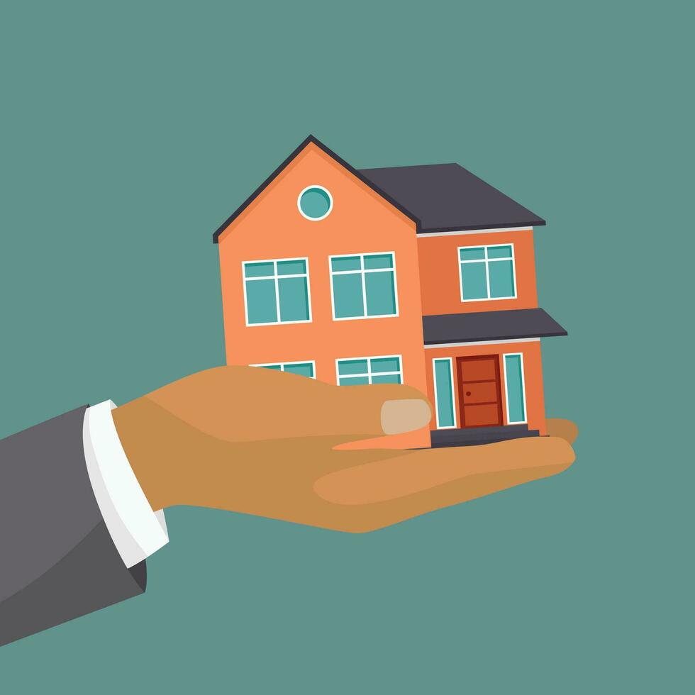 Businessman hand holding house represent buying a house concept, property purchase, real estate offer, rental vector