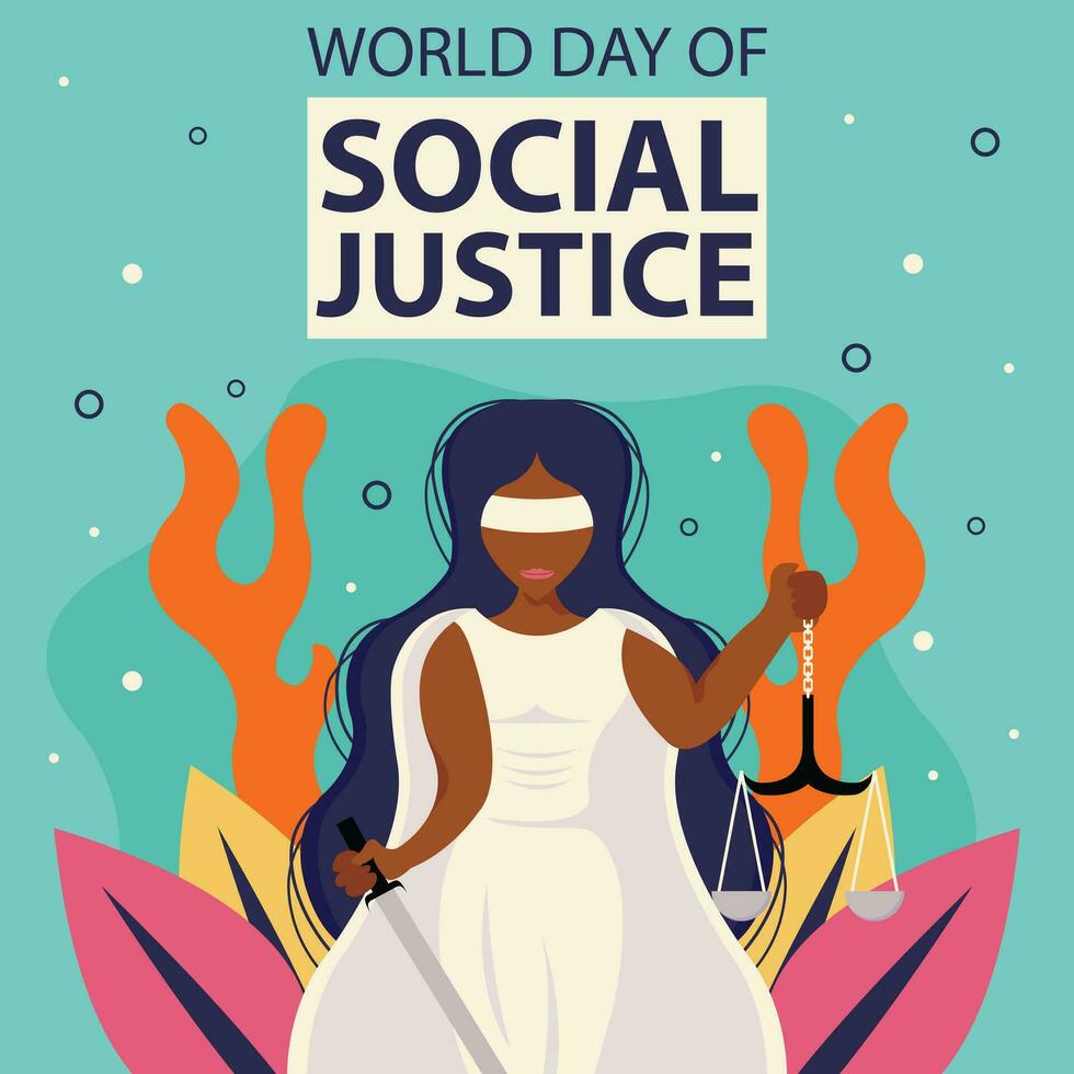 illustration vector graphic of the goddess in white holds a sword and balance, showing plant background, perfect for international day, world of social justice, celebrate, greeting card, etc.