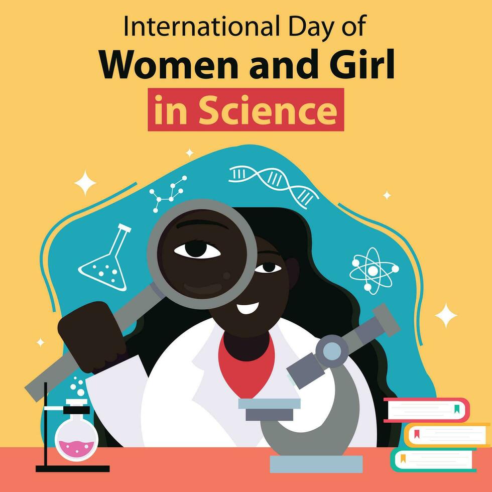 illustration vector graphic of a woman is holding a magnifying glass on a laboratory table, perfect for international day, women and girl in science, celebrate, greeting card, etc.