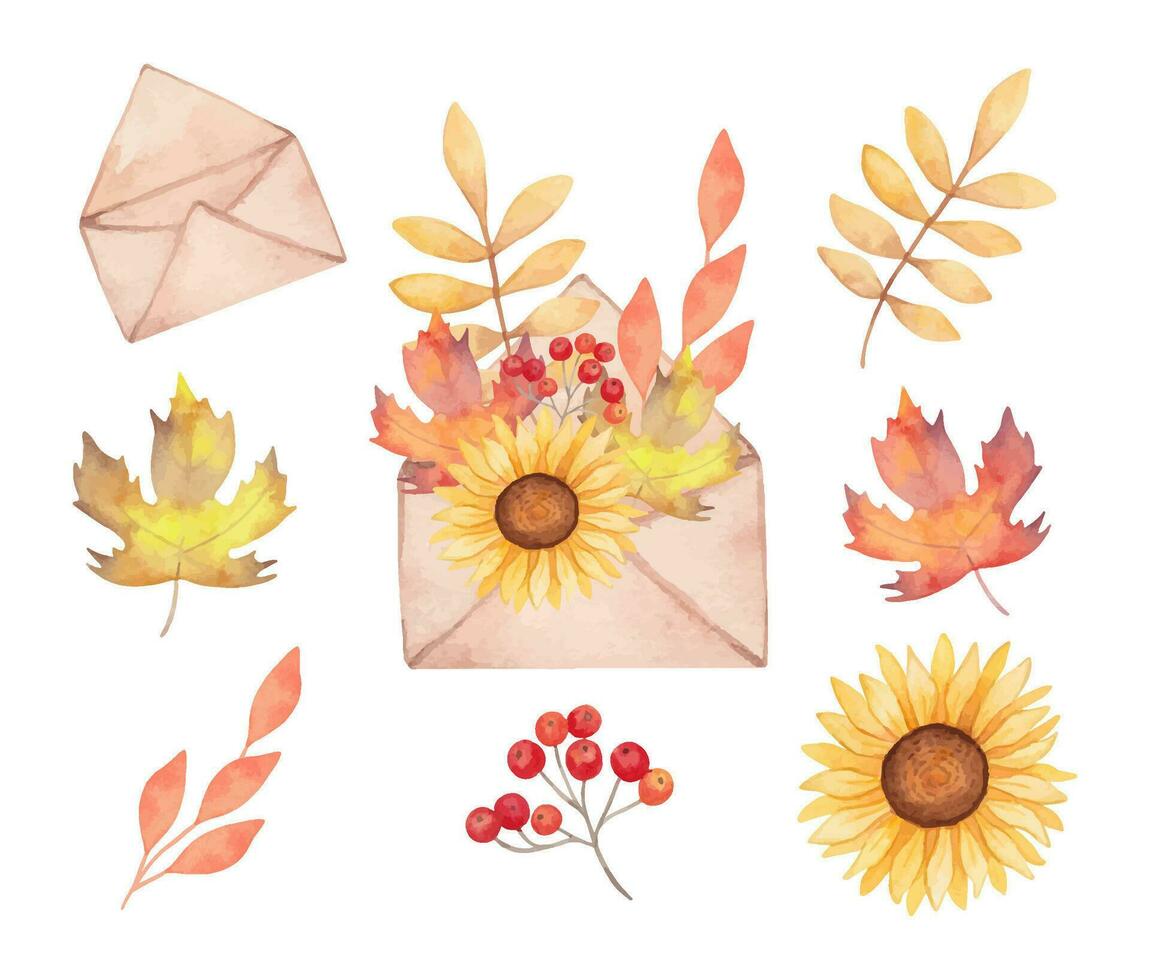 Watercolor composition of an envelope with leaves. Collection of autumn elements envelope, maple leaves, sunflower, rowan. Clipart for greeting card, invitation, wedding. Handmade isolated art vector