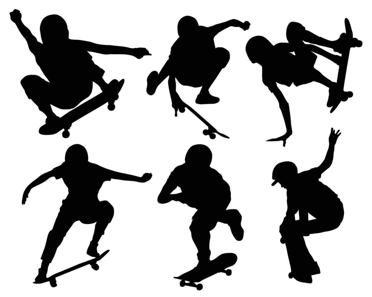 set of silhouettes of people riding skateboards vector