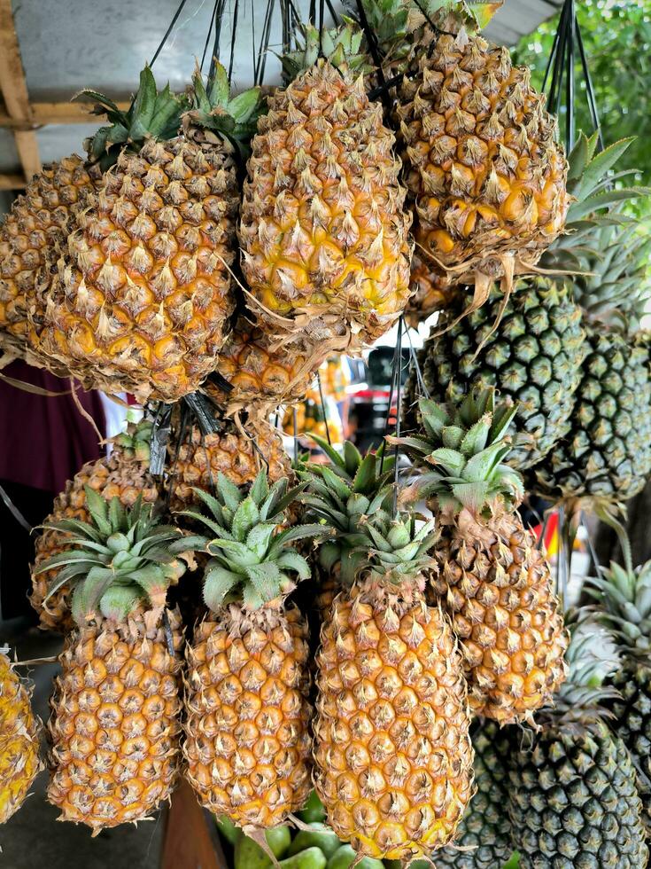 Pineapples or Ananas comosus in the fruit market photo