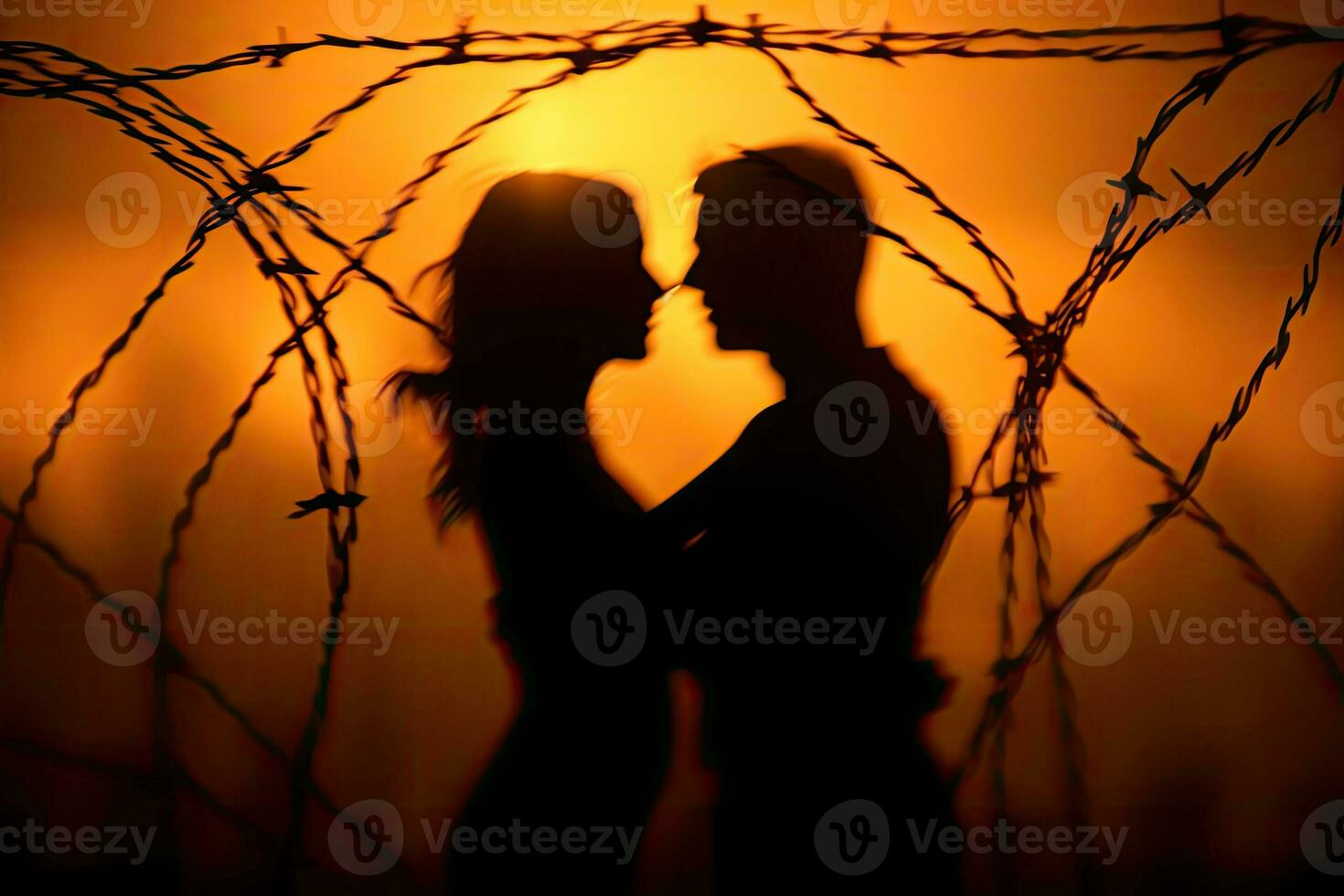 AI generated Embraced in Twilight - Silhouettes of a Forbidden Love Amid Barbed Wire photo