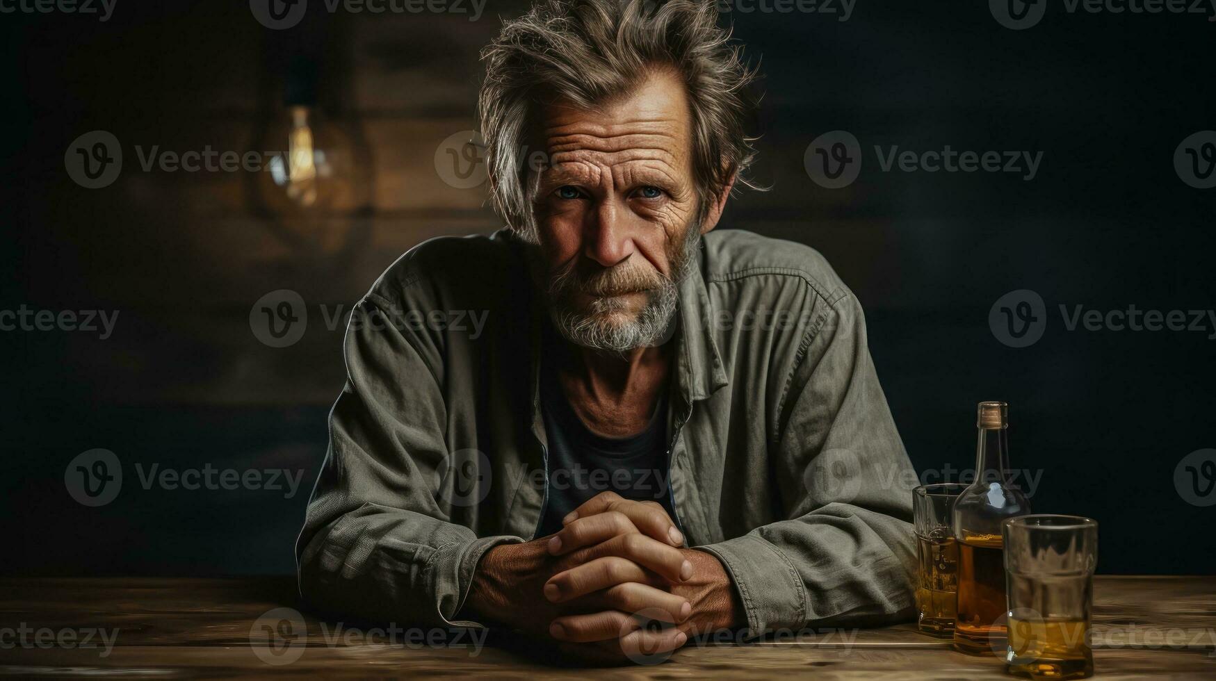 AI generated The Weight of Loneliness - Alone at the Table, Man Drinks in Sorrow - Generative AI photo