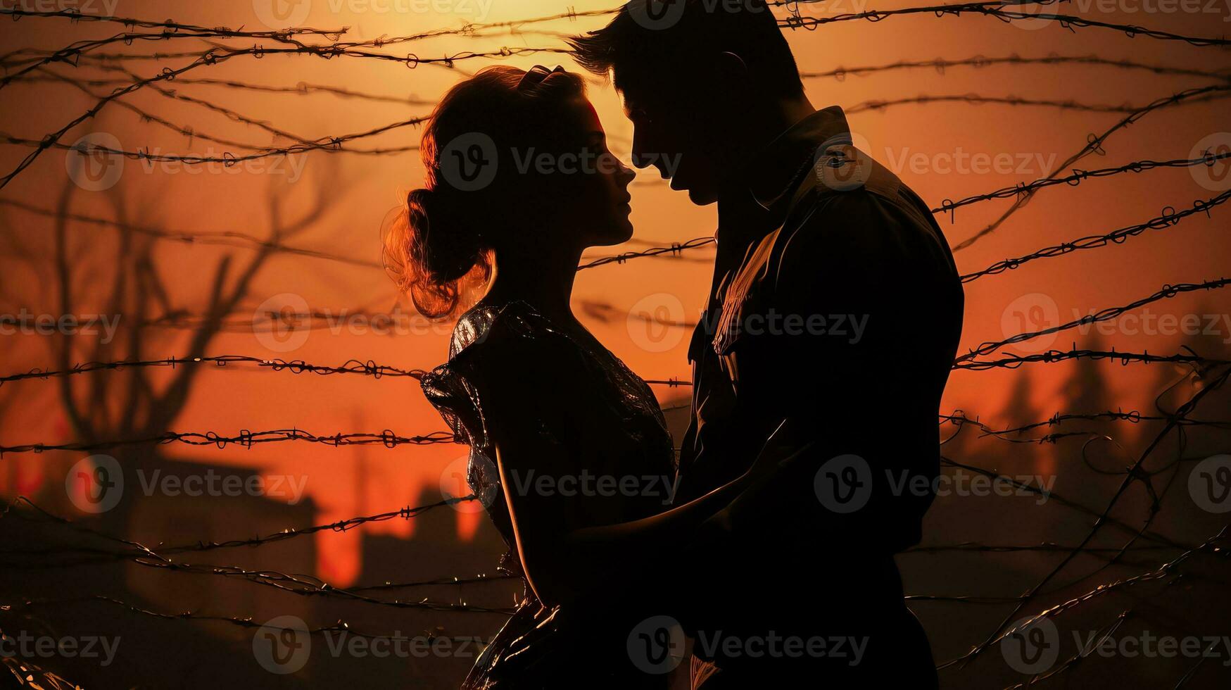 AI generated Darkened Love - Silhouettes of Forbidden Affection Amidst Barbed Wire - Generative AI photo