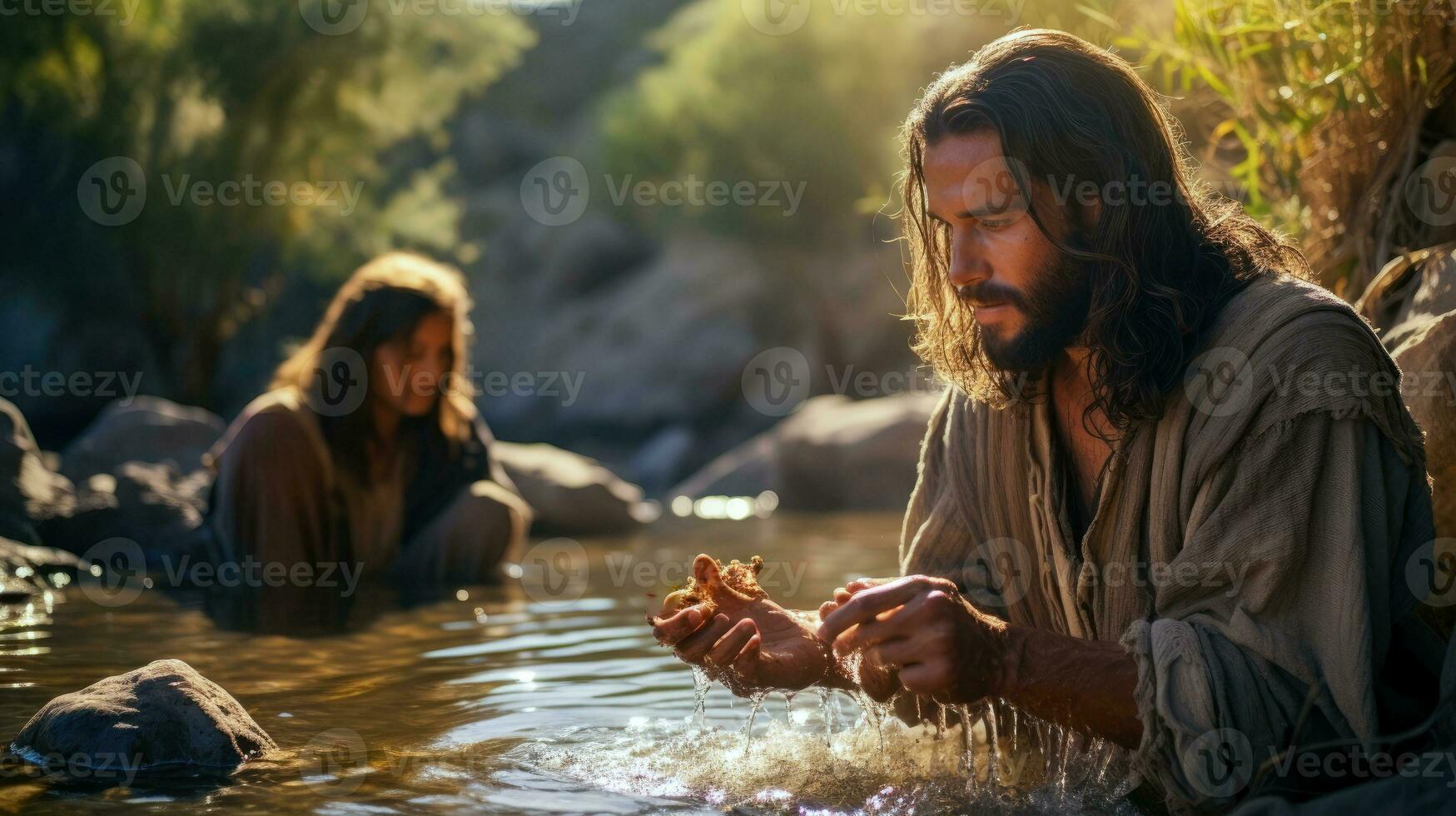 ai generado sagrado ritual - Jesús de cristo bautismal ceremonia en el Jordán río - generativo ai foto