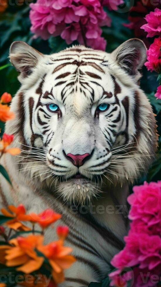 AI generated Beautiful White Tiger with Blue eyes and spring flowers photo