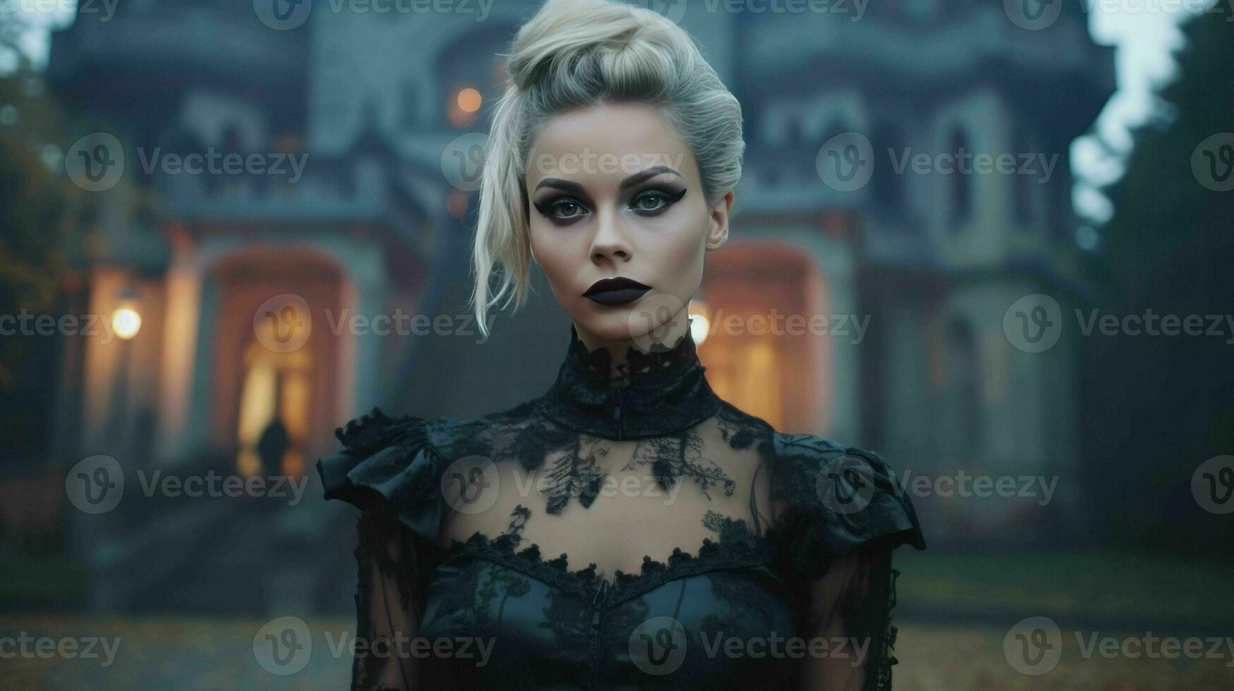 AI generated Woman in vintage party costume standing in front of a castle and starring photo