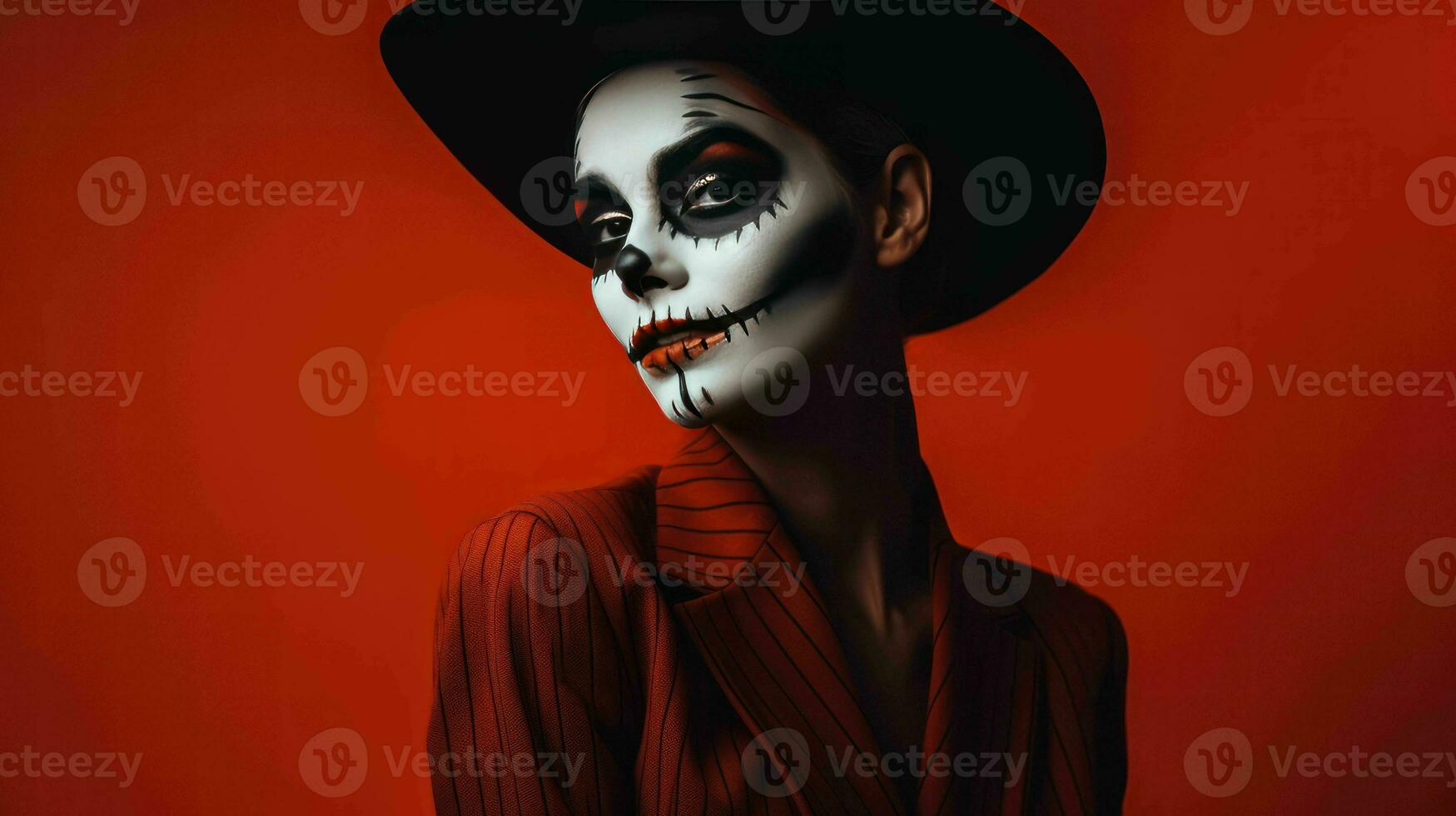 AI generated Woman with halloween inspired scary makeup and costume looking like a spooky witch photo