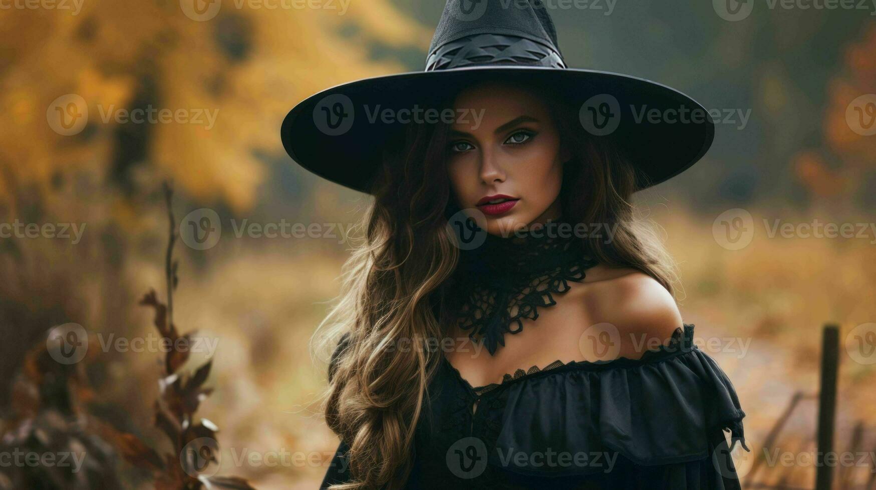 AI generated Pretty young lady in witch costume celebrating Halloween festival photo