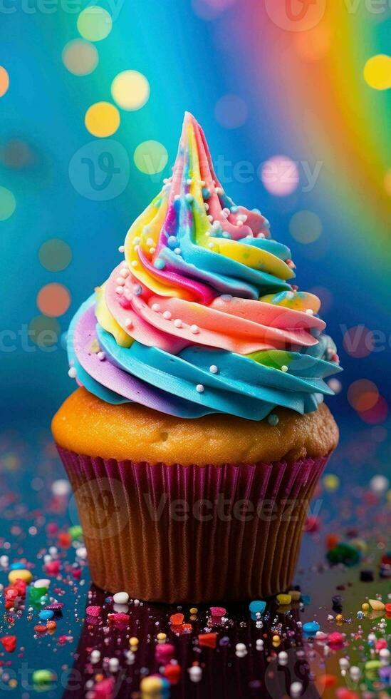 AI generated Delicious Rainbow Glitter Sparkle Creamy Cupcake photo