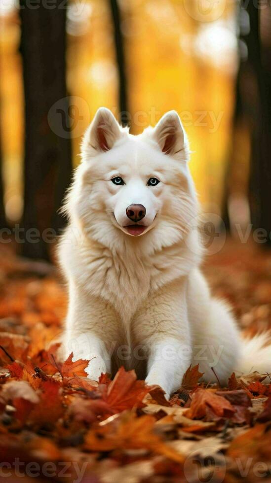 AI generated white husky dog solo portrait relaxing in beautiful autumn forest photo