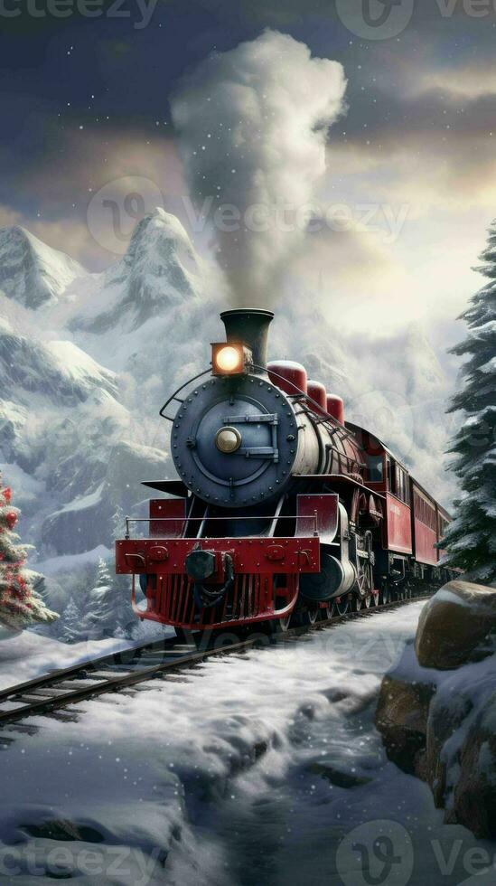 ai generado hermosa antiguo vapor tren con Navidad decoraciones en nieve con montañas en antecedentes foto