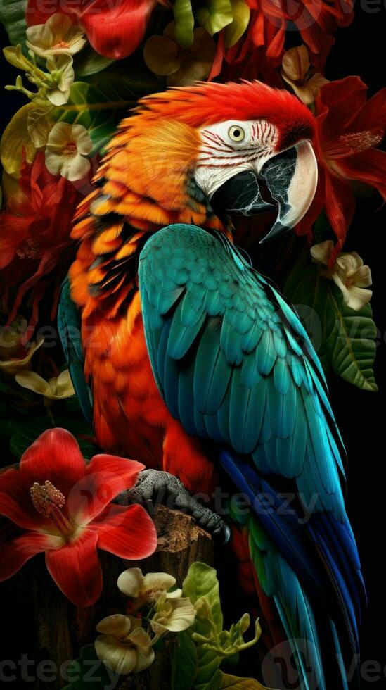 AI generated Beautiful macaw bird and colorful spring flowers photo