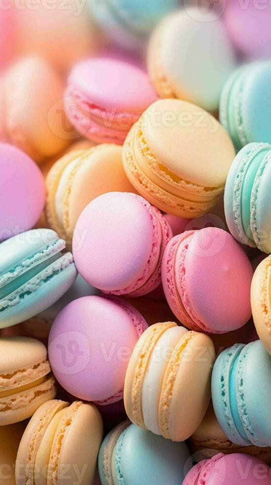 AI generated Beautiful Pastel Colorful Cream filled French Macrons photo