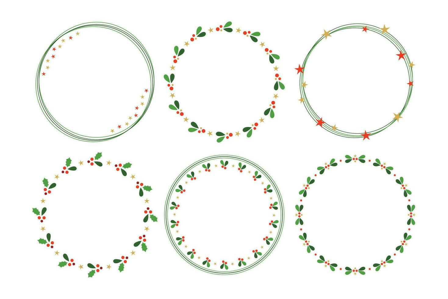 Christmas Round Frame With Green Leaves and Gold Stars and Red Berries, Holiday Wreath Clip Art, Circular Shape Decorative Border vector