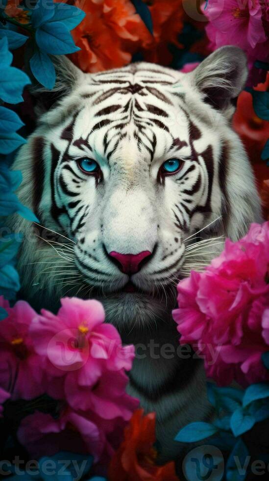 AI generated Beautiful White Tiger with Blue eyes and spring flowers photo