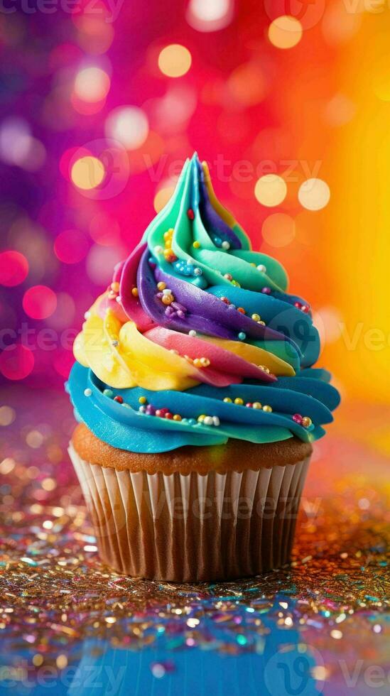 AI generated Delicious Rainbow Glitter Sparkle Creamy Cupcake photo