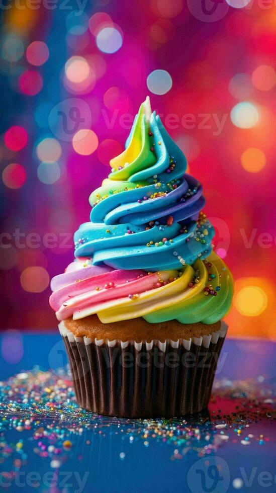 AI generated Delicious Rainbow Glitter Sparkle Creamy Cupcake photo