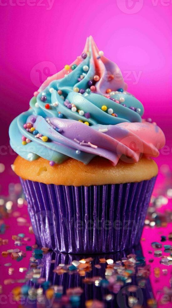 AI generated Delicious Rainbow Glitter Sparkle Pastel Cupcake photo