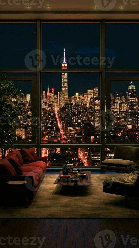 AI generated a living room with a view of the city at night photo