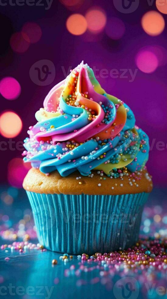 AI generated Delicious Rainbow Glitter Sparkle Pastel Cupcake photo