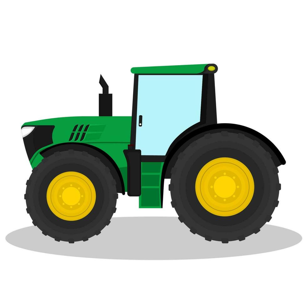 Flat green tractor for use in agriculture, plowing soil and towing, vector illustration.