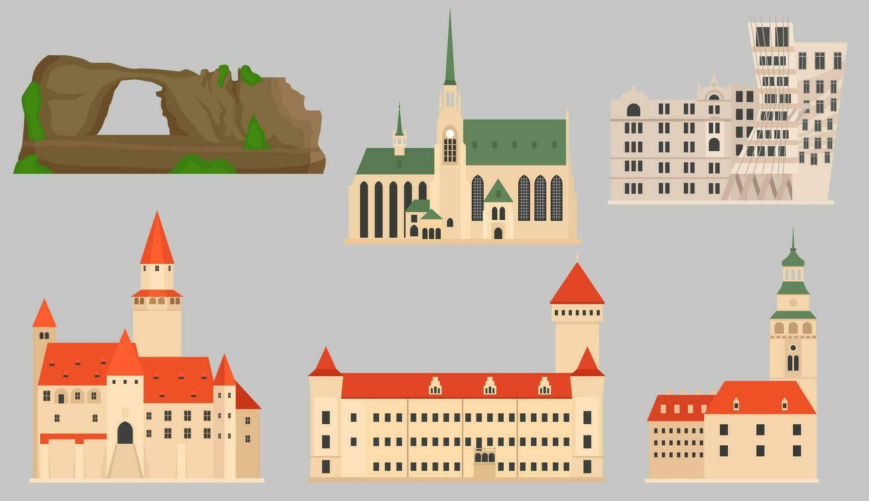 Landmarks in the Czech Republic Important tourist attractions Flat colorful cartoon image, vector illustration.