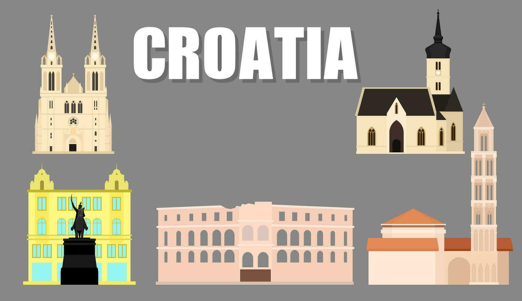 Illustration, tourist attractions landmarks of Croatia Includes St. Mark's Church, Ban Jelacic Square, Zagreb Cathedral, Pula Arena, Diocletian's Palace Split, vector. vector