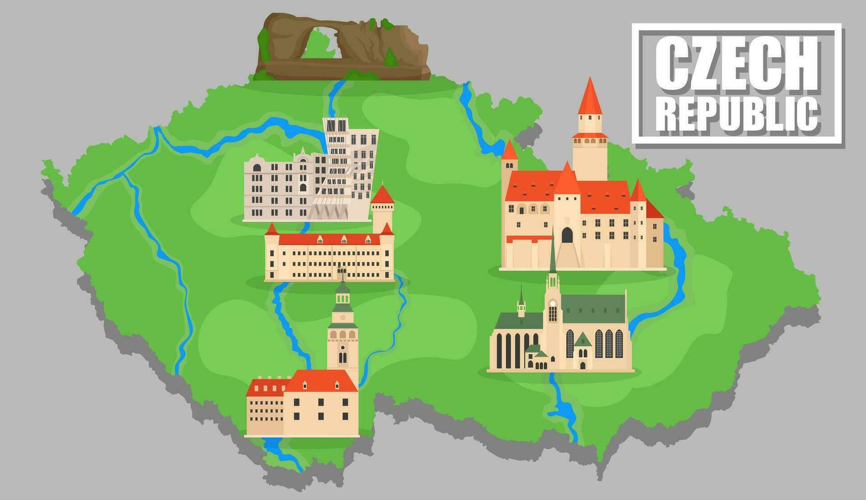 puntos de referencia metido en un mapa de el checo república. linda vistoso plano dibujos animados estilo ,vector ilustración. vector