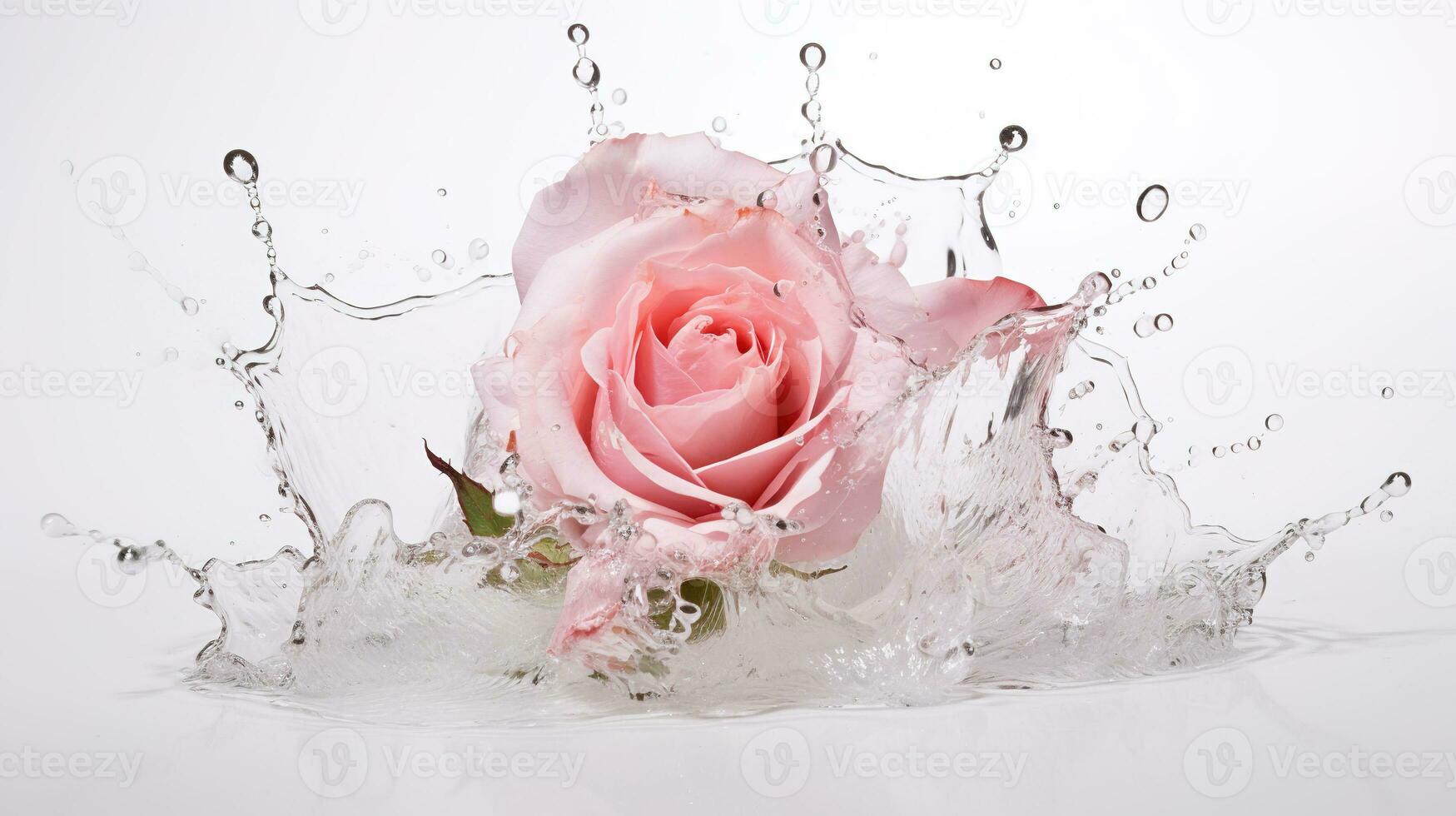 Pink rose with water splash and drops on a white background. Close-up. AI generative. photo