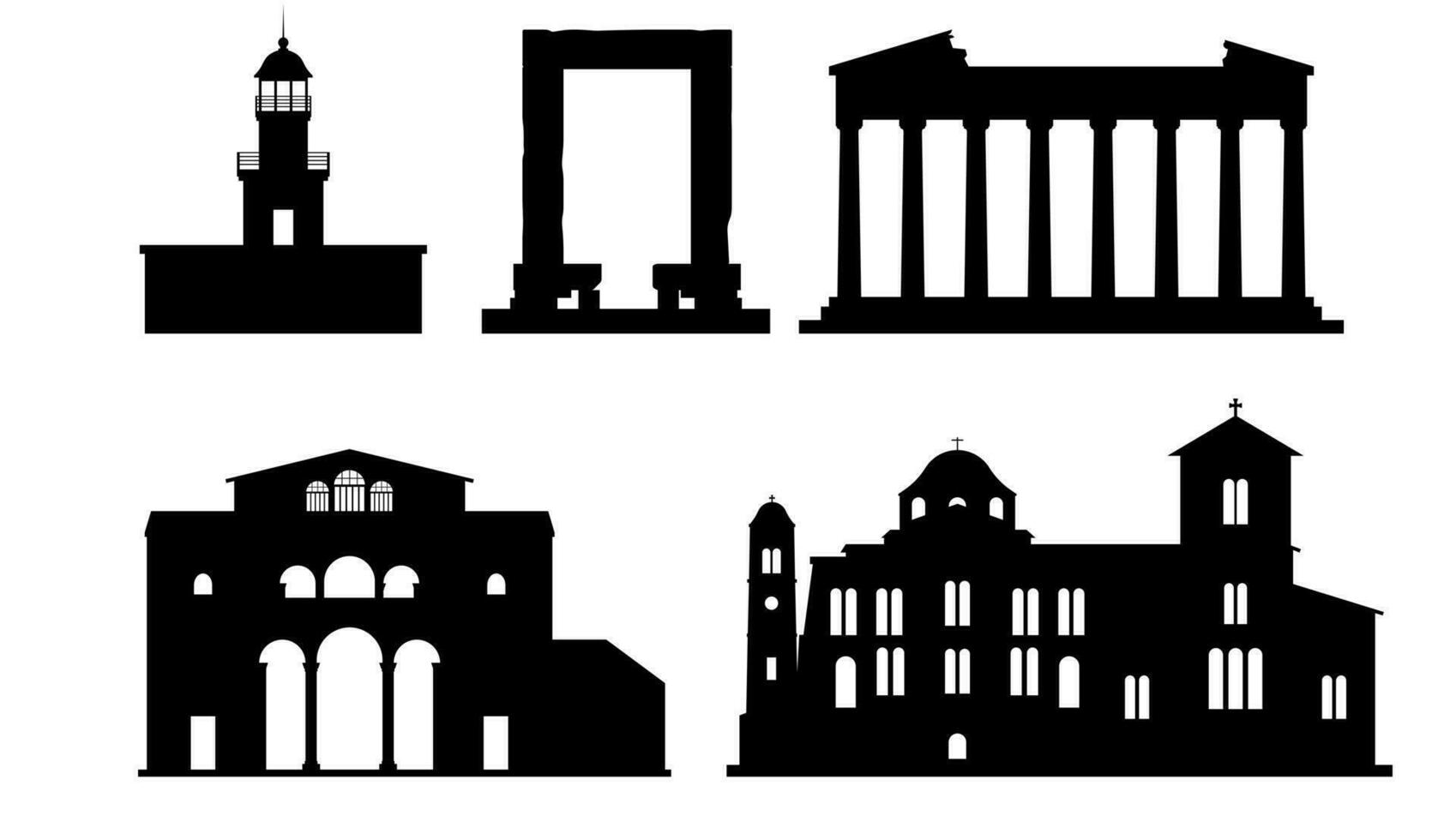 Silhouettes of landmarks in Greece include Acropolis in Athens, Akrotiri Lighthouse Santorini, Apollo Temple Naxos, Church Panagia Ekatontapiliani Paros, Hosios Loukas Monastery. vector