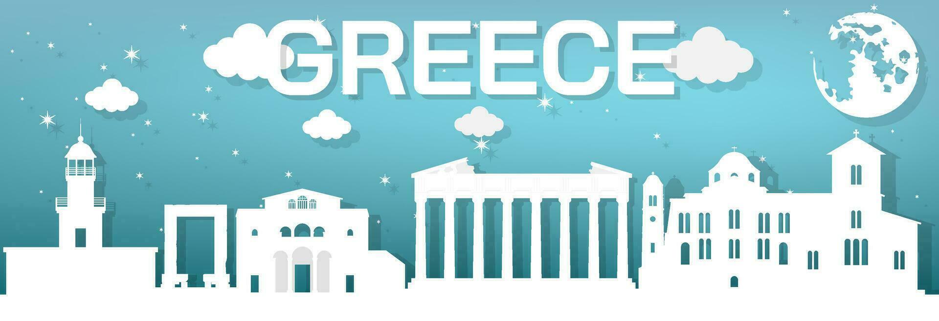 Landmarks of Greece Design like a white paper cutout placed on a blue background at night, vector illustration.