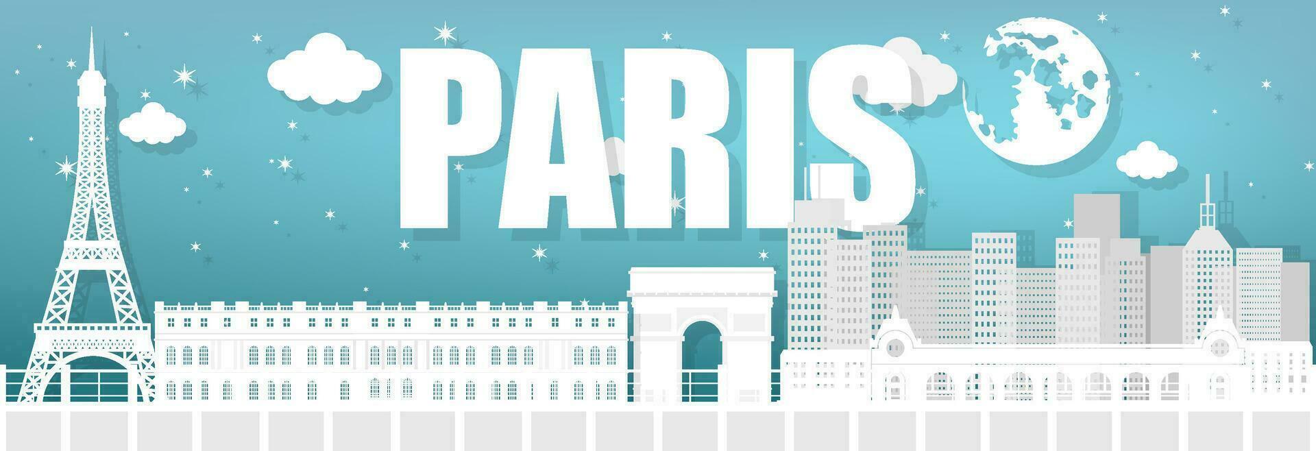 Paris landmarks, France, white paper postcard, Paris landmarks at night, full moon, tourist attractions in France, vector illustration.