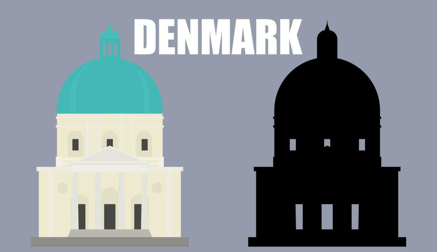 Flat color image and silhouette of a marble church in Copenhagen Denmark Vector illustration