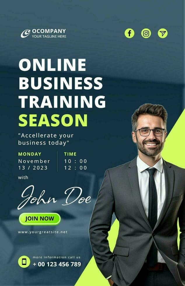 Online business training for corporate with green and blue template