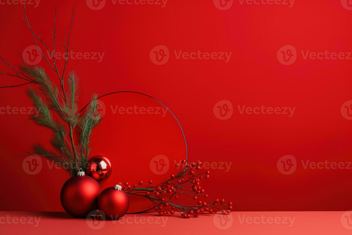 AI generated Christmas minimalist background, winter illustration with Christmas tree and toys balls, AI generated photo