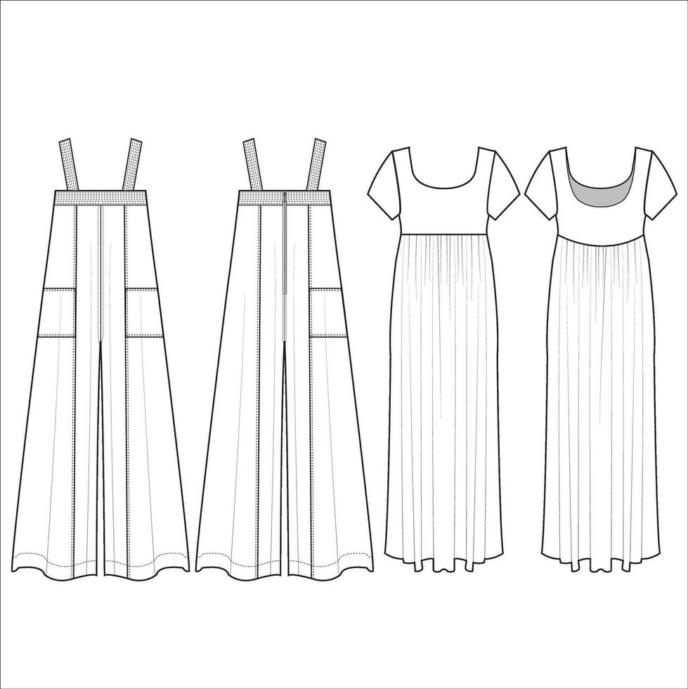 Ladies Short Sleeve Long Dress Vector Template