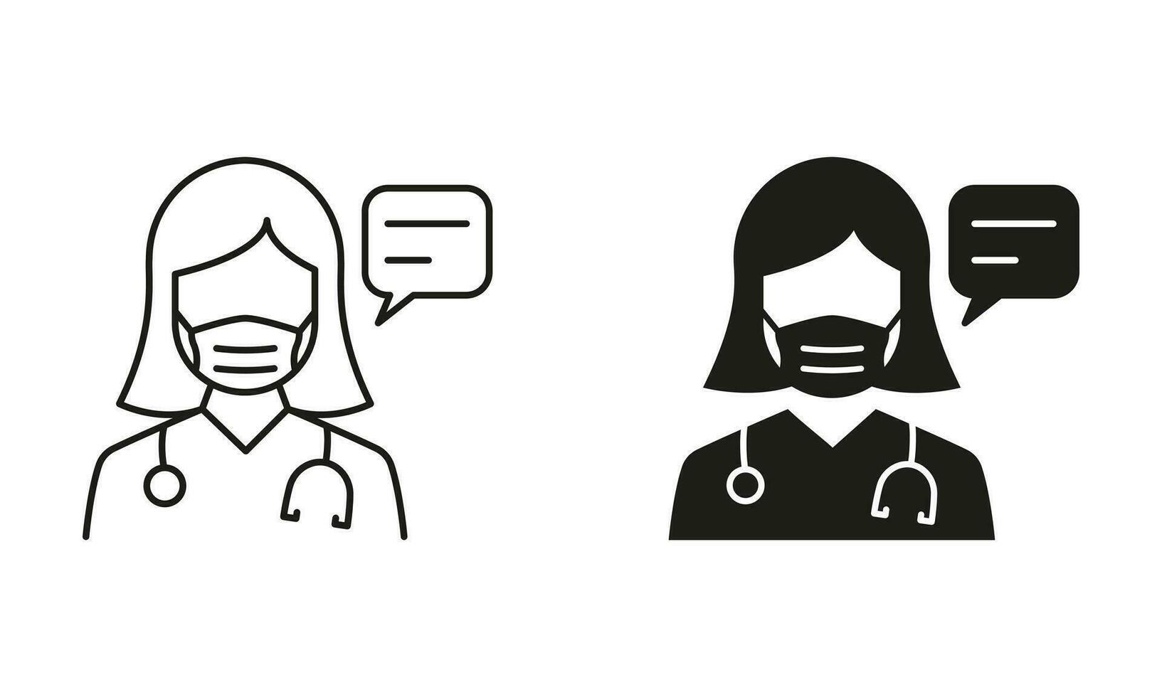 Healthcare Chat Line and Silhouette Black Icon Set. Doctor Woman in Mask with Speech Bubble Consultation Concept. Physician Talk Pictogram. Medic Symbol Collection. Isolated Vector Illustration.