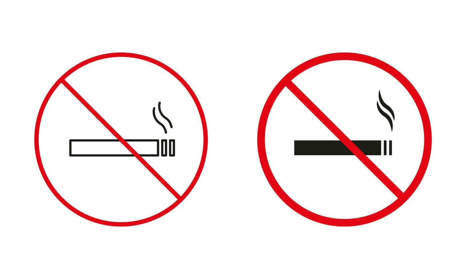 Smoking Tobacco Red Warning Signs. Smoke Cigarette Line and Silhouette Icons Set. Allowed and Prohibited Area for Smoking Nicotine Cigarette Pictogram. Isolated Vector Illustration.