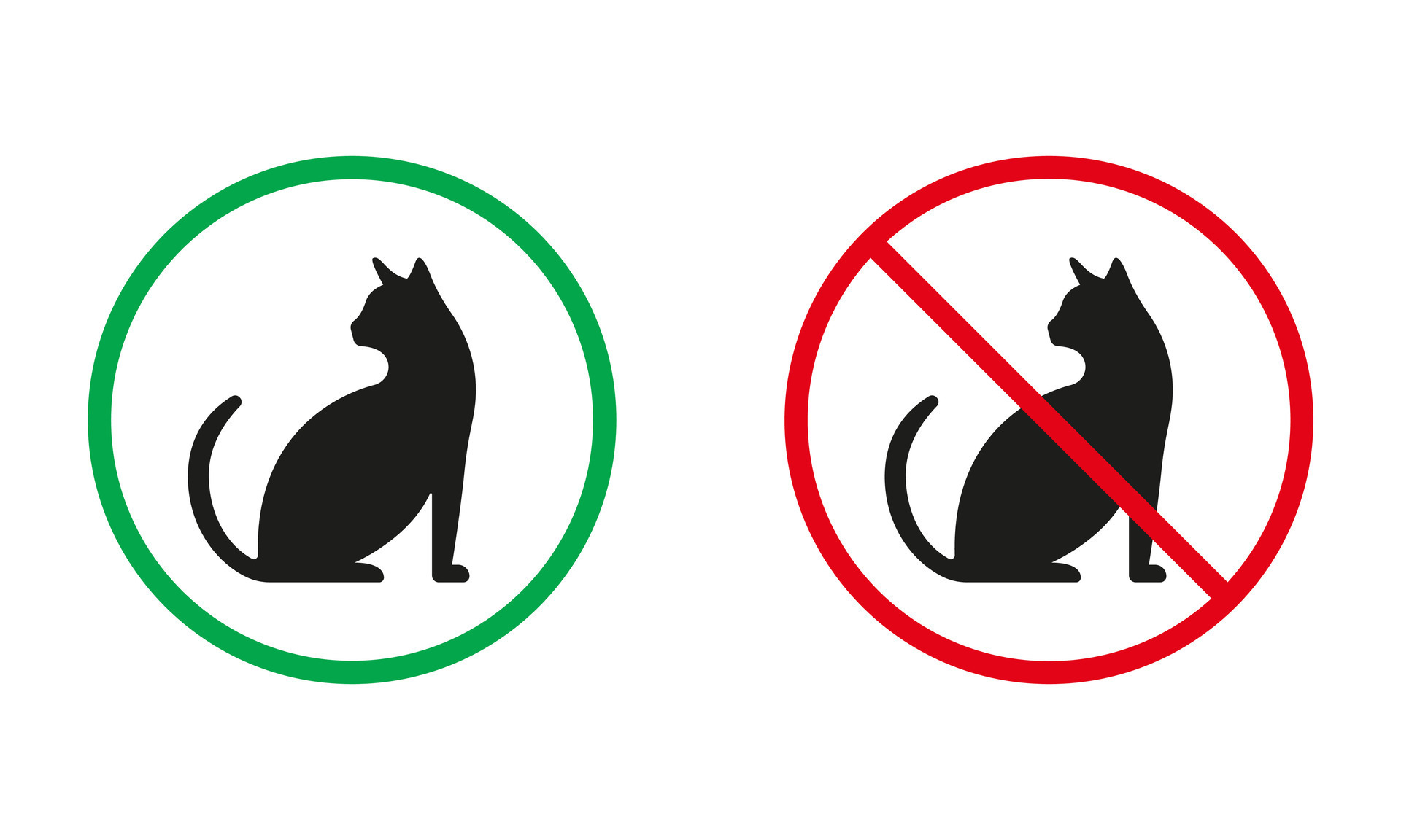 Entry with Cat Sign. Kitten Sitting Silhouette Icons Set. Pet Allowed, Animal Prohibited Symbols