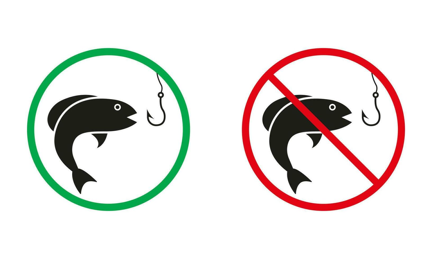 Fishing Warning Sign. Fish Silhouette Icons Set. Catch Fish in Lake and River Is Allowed. Fishing Prohibited Symbol. Isolated Vector Illustration.