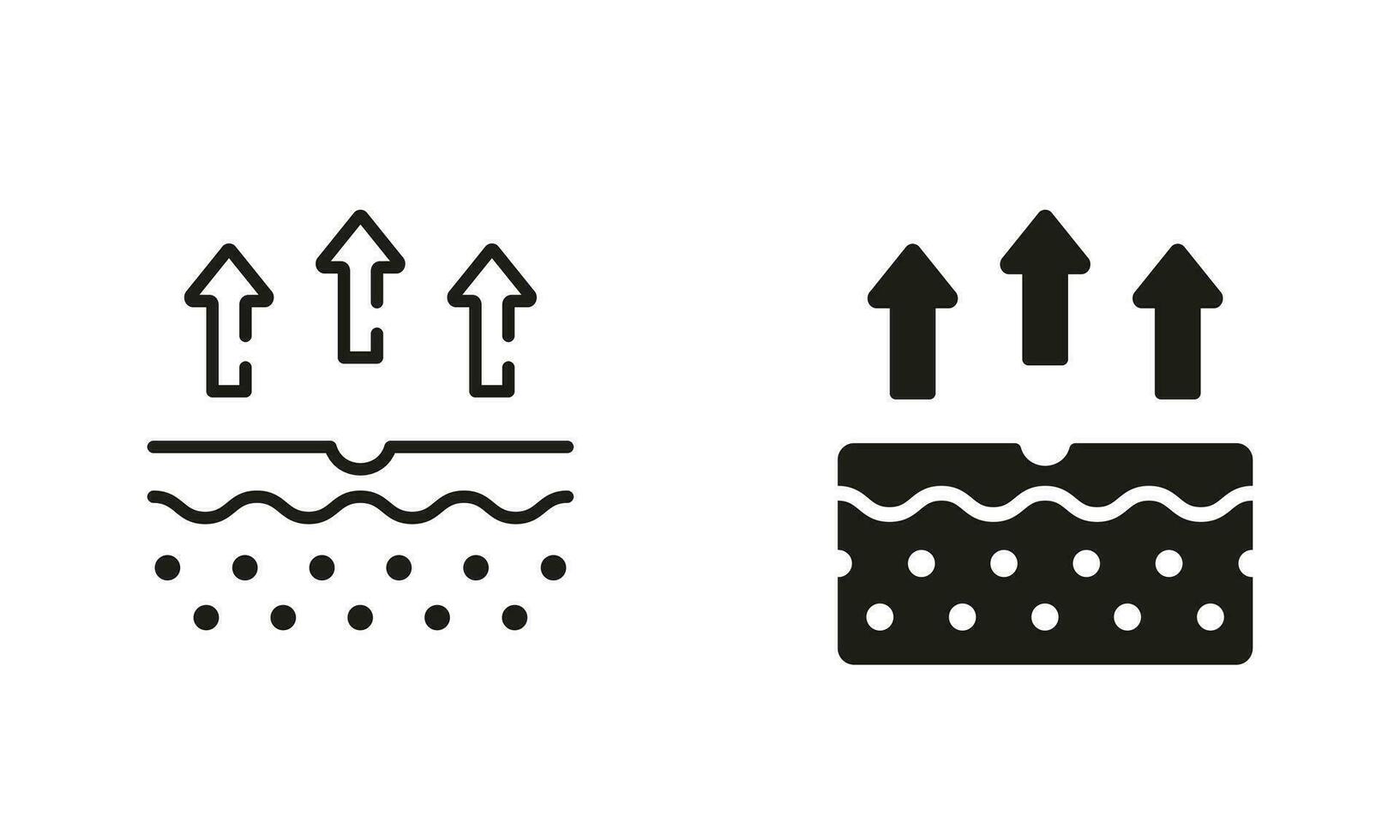 Moisture Evaporation of Skin Symbol Collection. Skin Water Loss Line and Silhouette Black Icon Set. Skin Structure and Arrows Up Moisture Wicking Process Pictogram. Isolated Vector Illustration.