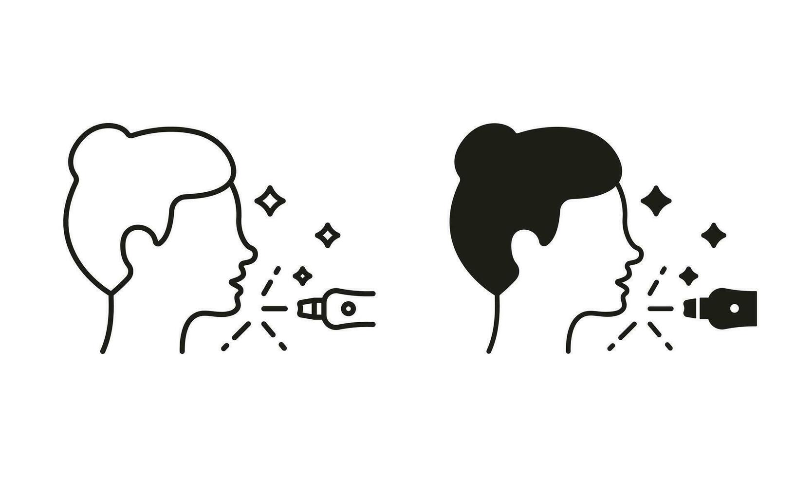 láser cosmetología equipo símbolo recopilación. mujer facial pelo eliminación con láser línea y silueta icono colocar. médico belleza terapia para niña piel cara pictograma. aislado vector ilustración.