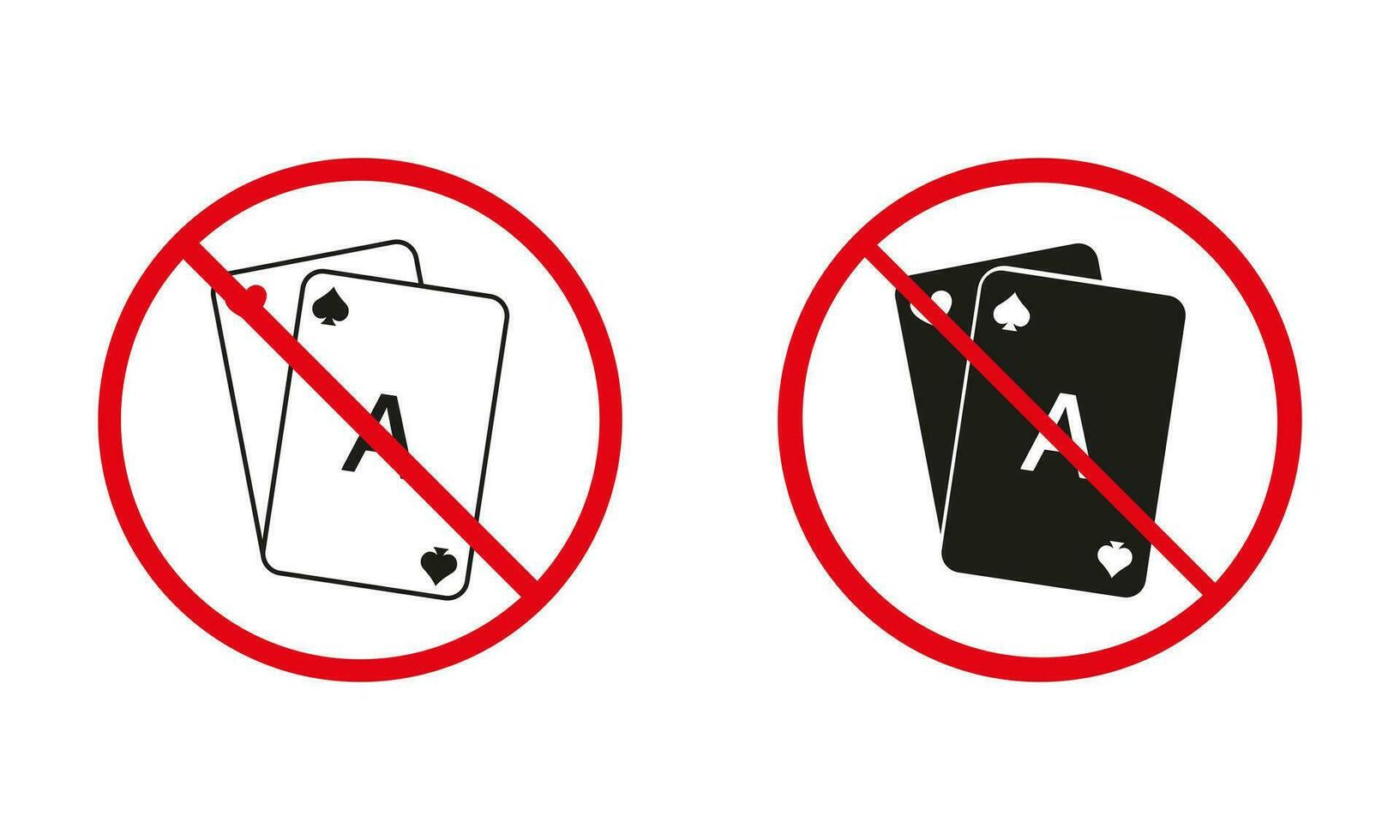 No permitido jugando negro Jack y real póker signo. prohibido juego tarjeta cubierta línea y silueta icono colocar. prohibición jugar tarjeta. detener casino juego rojo símbolo recopilación. aislado vector ilustración.