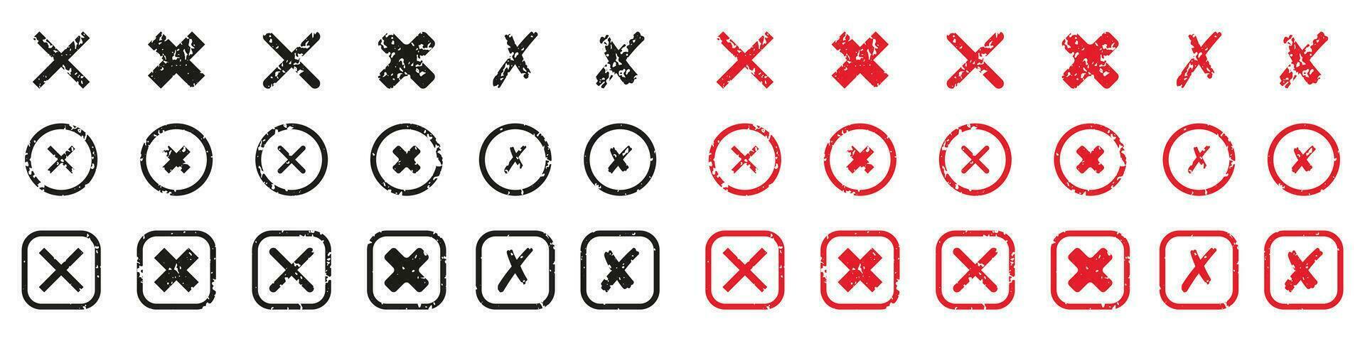 Cross Shape Icons Set. Black and Red Grunge Mark In Box And Circle Pictogram. X Symbol Collection. Delete, Cancel, Reject, Ban Sign. Wrong Rubber Stamp. Isolated Vector Illustration.