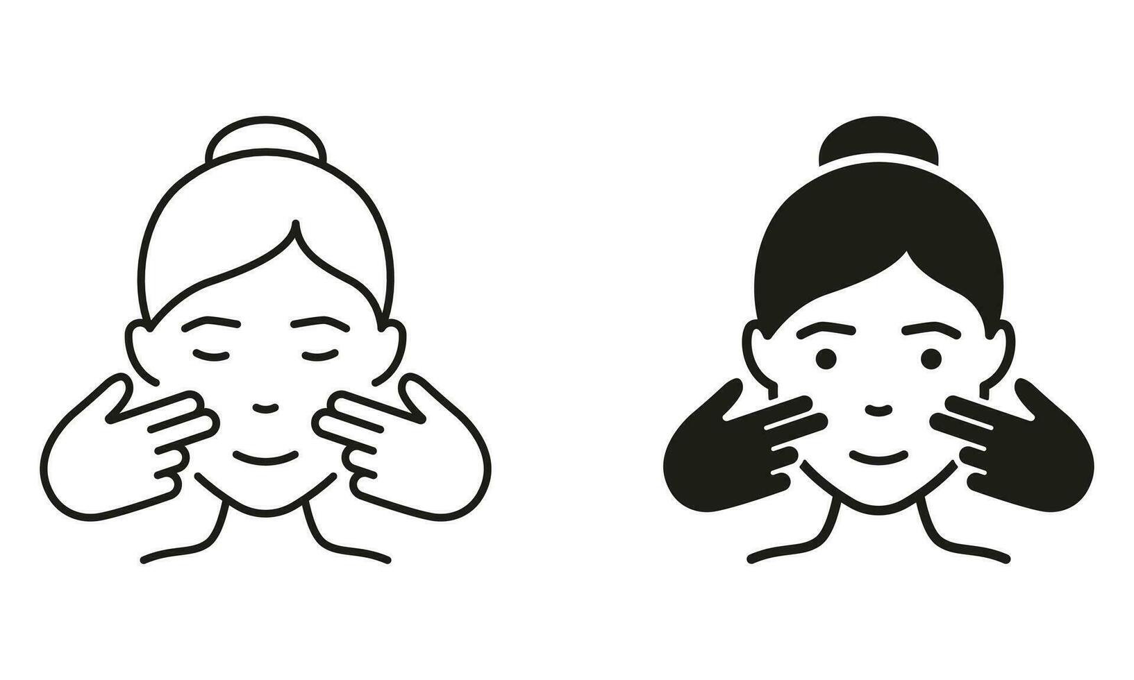 Massage for Woman Face Line and Silhouette Black Icon Set. Facial Massage Beauty Treatment Pictogram. Female Manual Anti Aging Skin Care Procedure Symbol Collection. Isolated Vector Illustration.