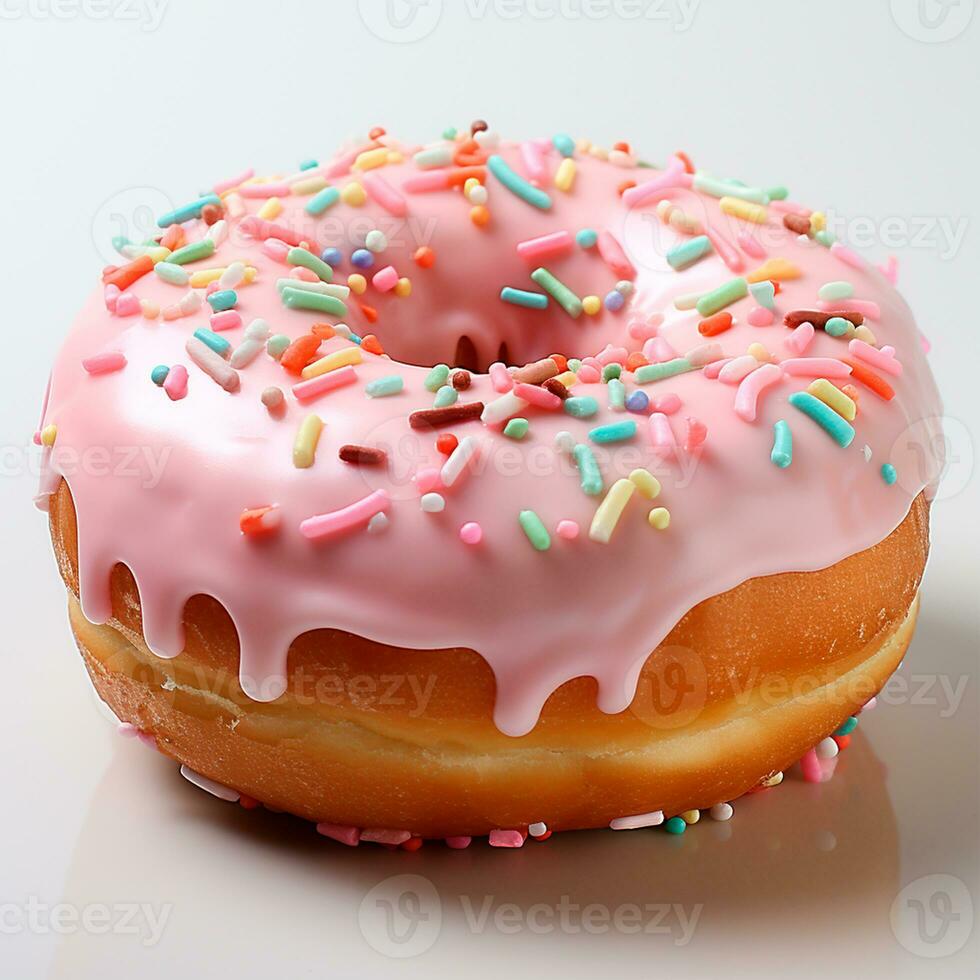 AI generated Chocolate donut with sugar threads and filling, pink glaze - AI generated image photo